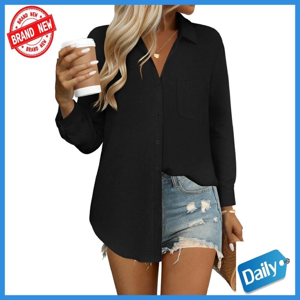 Linen Cotton Long Sleeve Button Down Blouse Loose Fit Casual Top Pocket